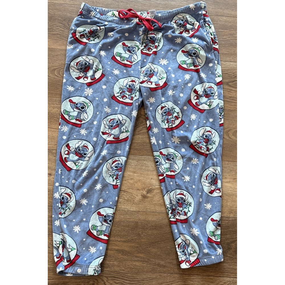 Disney Stitch Christmas Snowglobe Pajama Pants Sz XL Soft Snow Lights Hat Happy - Picture 1 of 10